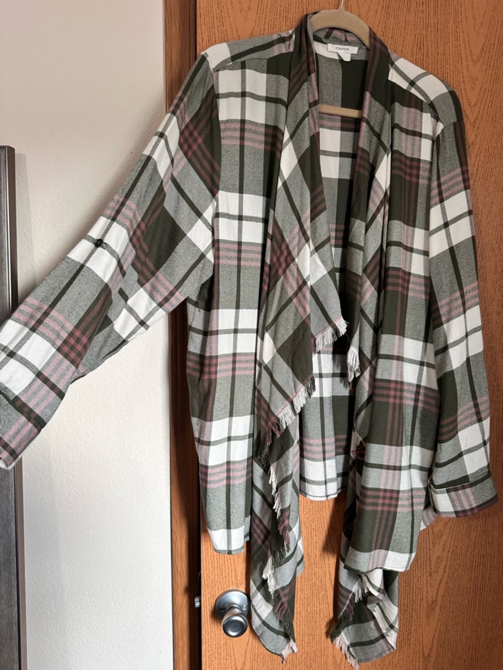 Maurices Olive, Pink and White Plaid Draped Cardigan